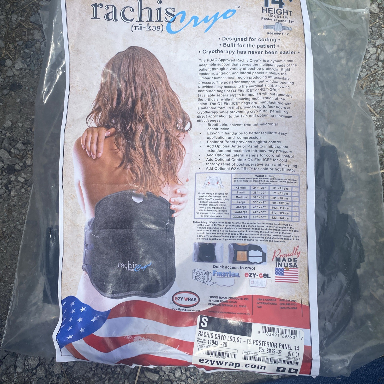Ezy Wrap Rachis Cryo LSO Back Brace S1-T9 14″ Posterior Panel Size Small CLEAN!