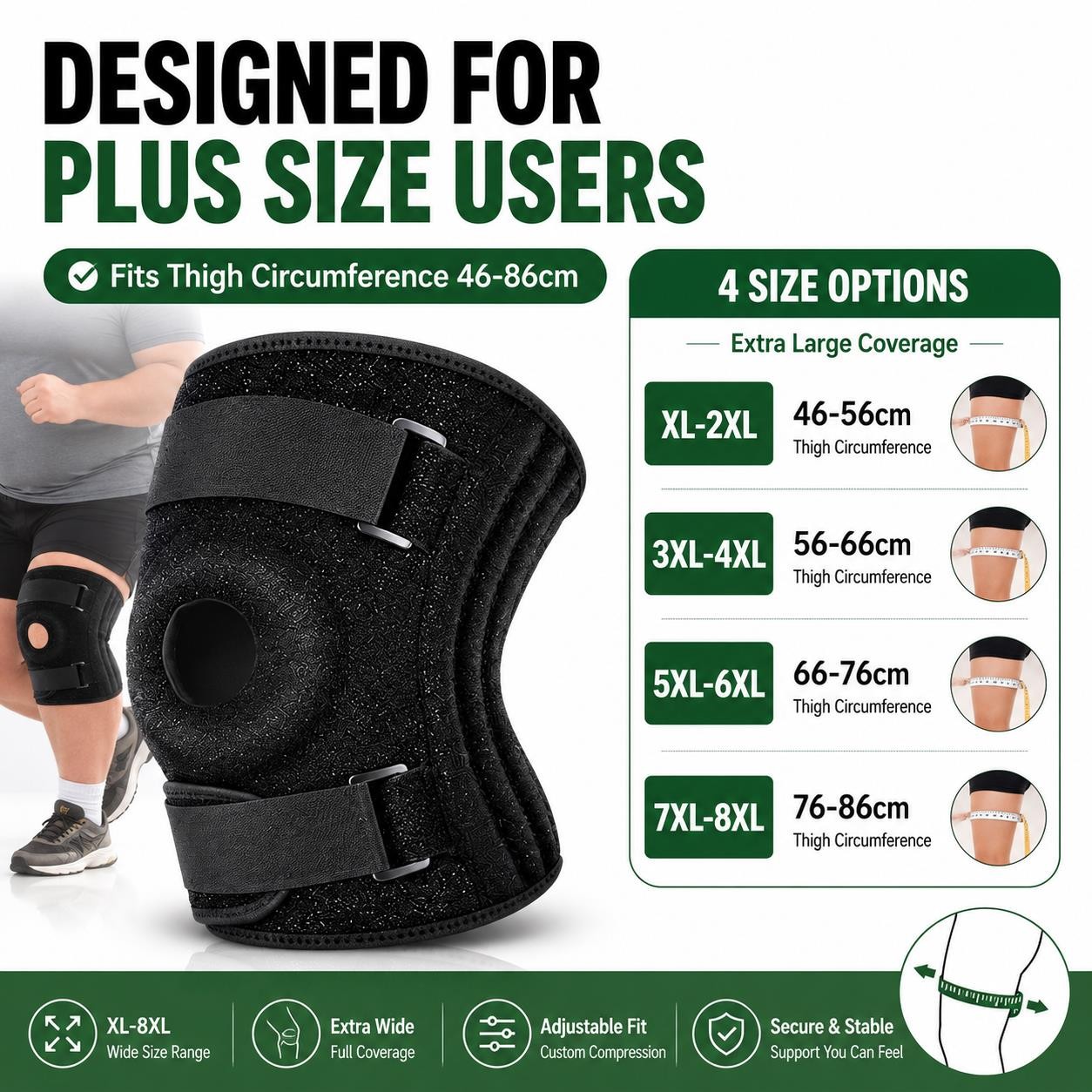 Knee Brace XL-8XL Compression Adjustable Patella Support Running Walking Large
