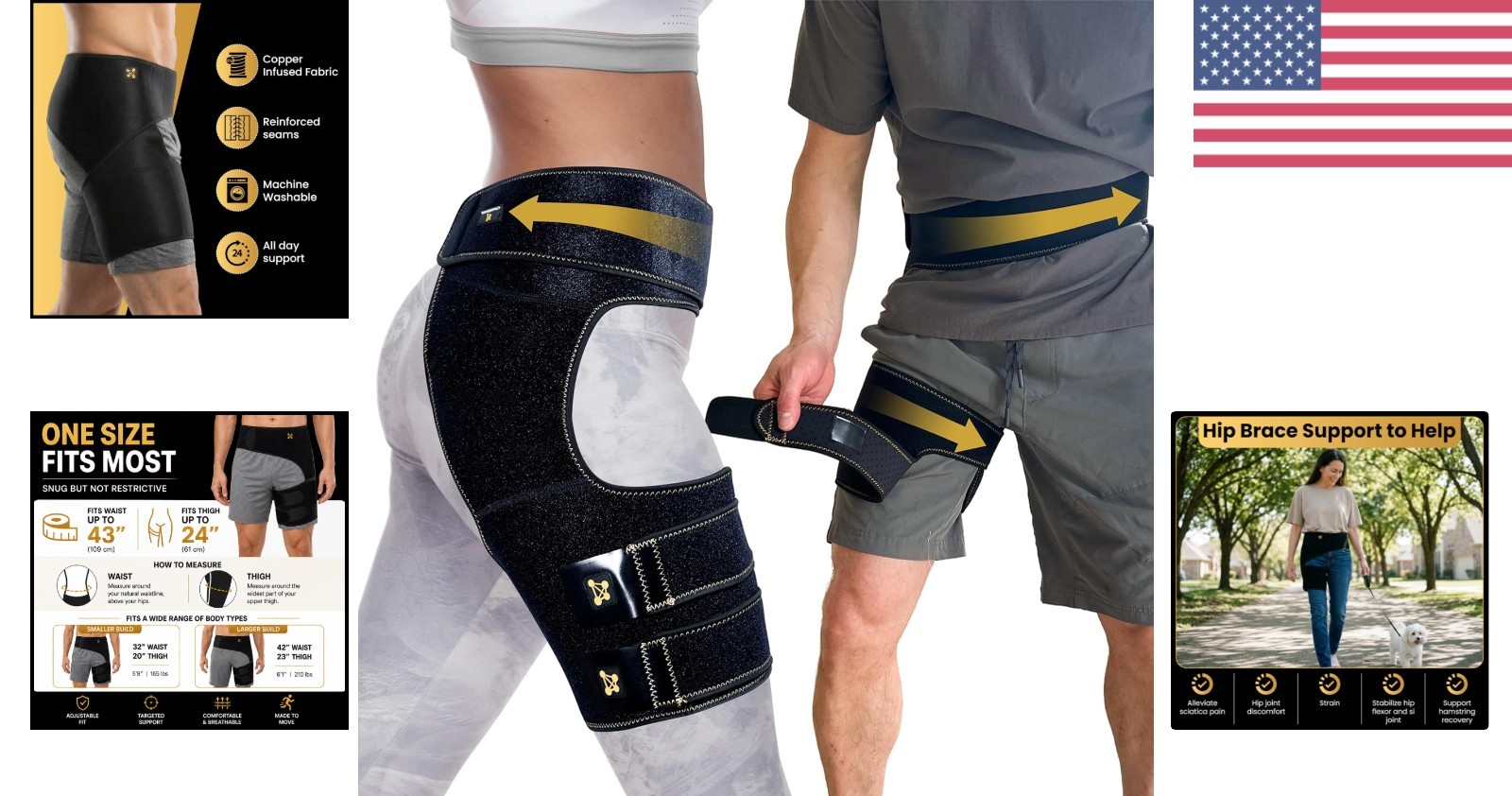 Adjustable Hip Brace for Men and Women Black One Size for Groin Support