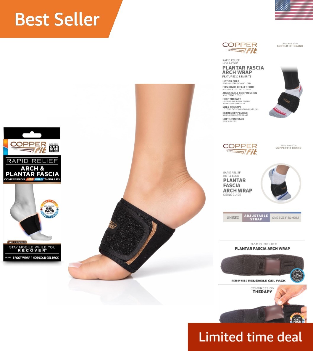 Rapid Relief Adjustable Plantar Fascia Arch Wrap with Hot/Cold Gel Pack – Black
