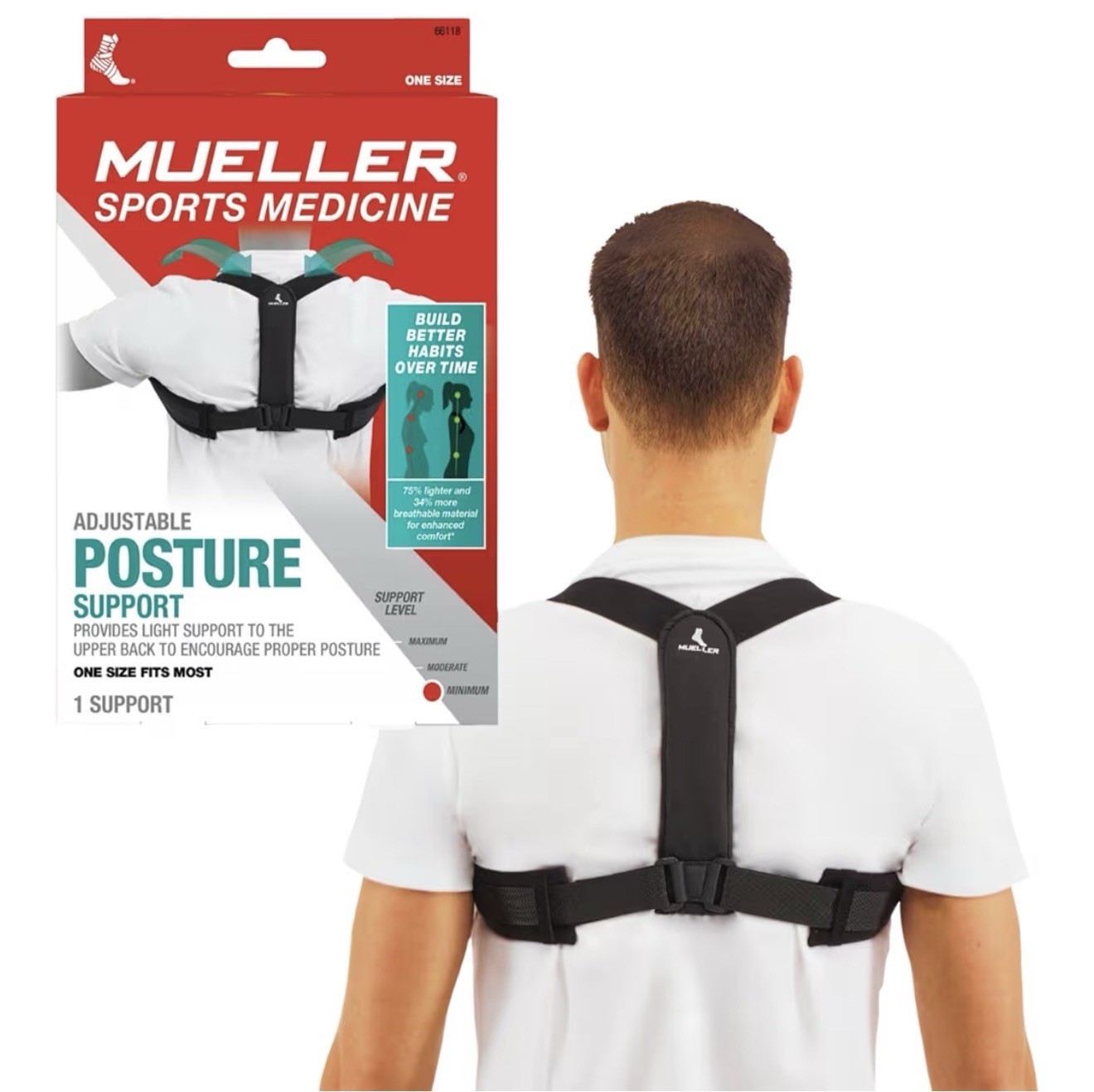 Mueller Adjustable Posture Corrector Black Cotton Unisex One Size Fits Most