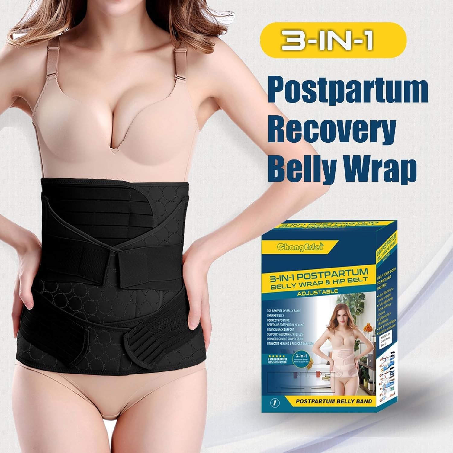 3 in 1 Postpartum Belly Wrap – Recovery Belly/Waist/Pelvis Belt Black Postpar…
