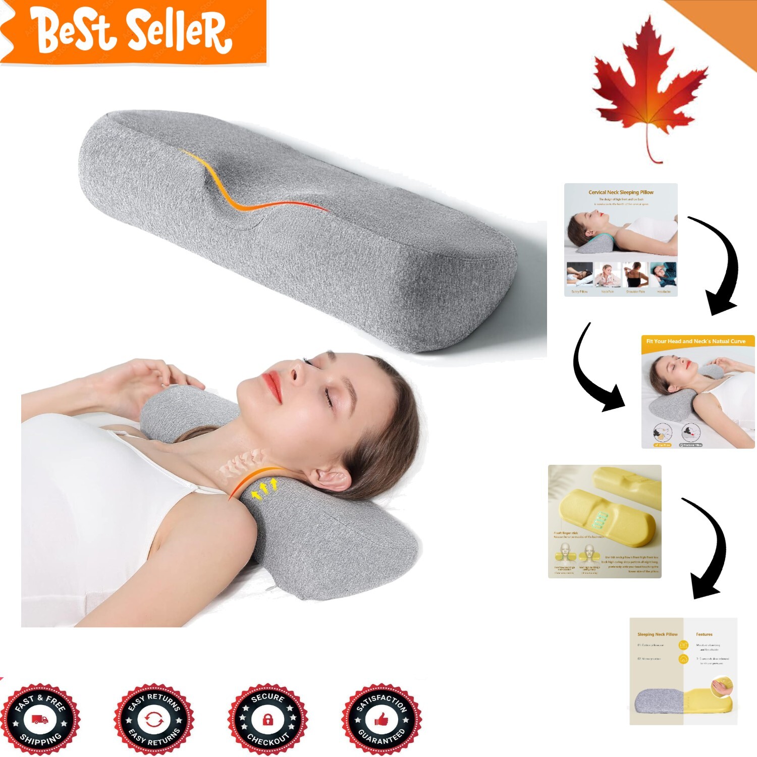 High-Density Memory Foam Cervical Neck Pillow for Pain Relief – Light Grey