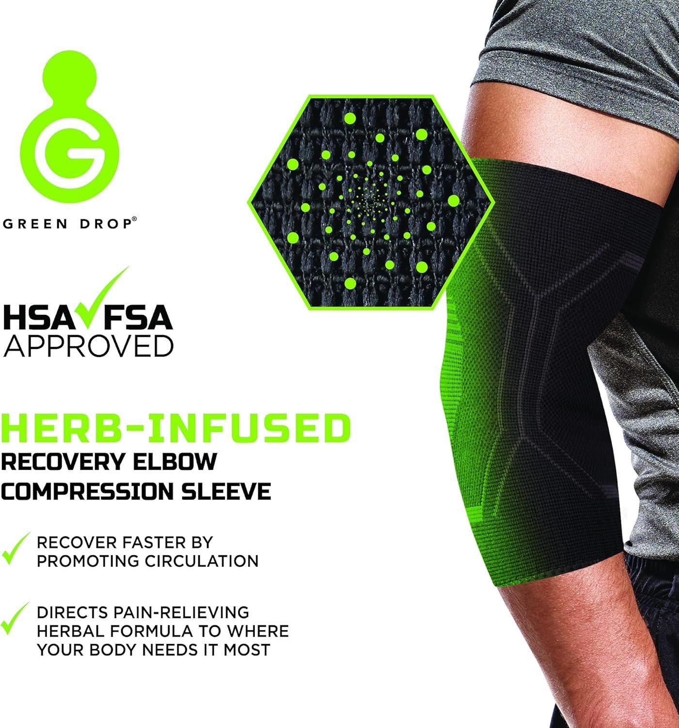 Green Drop Compression Pull-On Sleeve Elbow Support L/XL