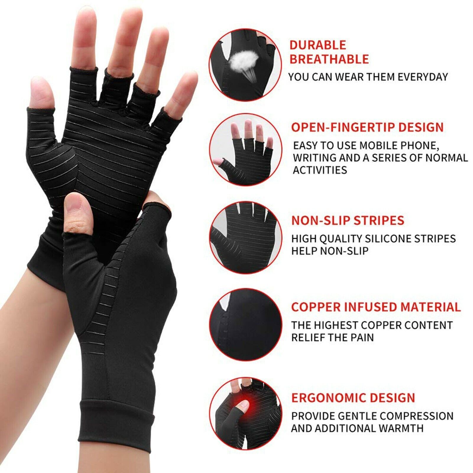 2 Pairs Fingerless Copper Compression Arthritis Gloves Carpal Joint Pain Relief