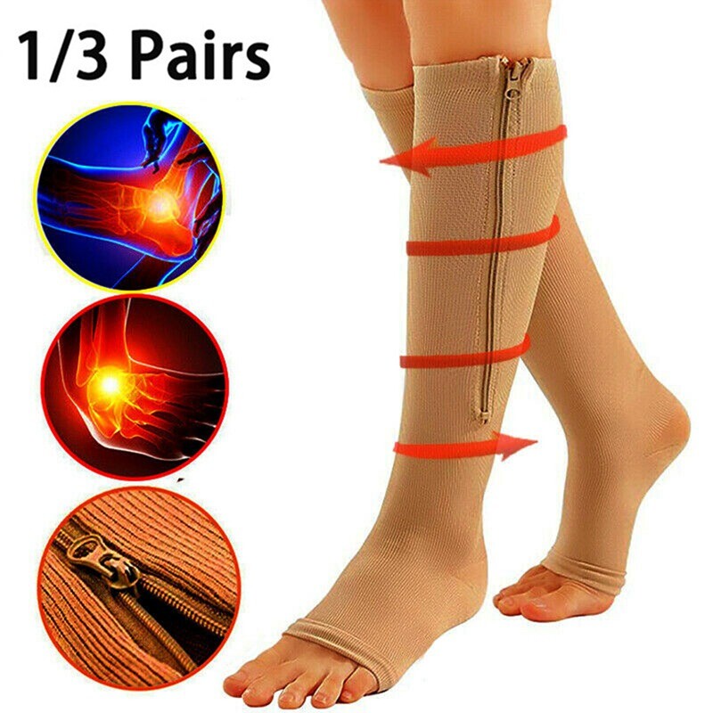 3-Pairs Zipper Compression Socks 20-30mmgh for Men/Women with Open Toe Knee High