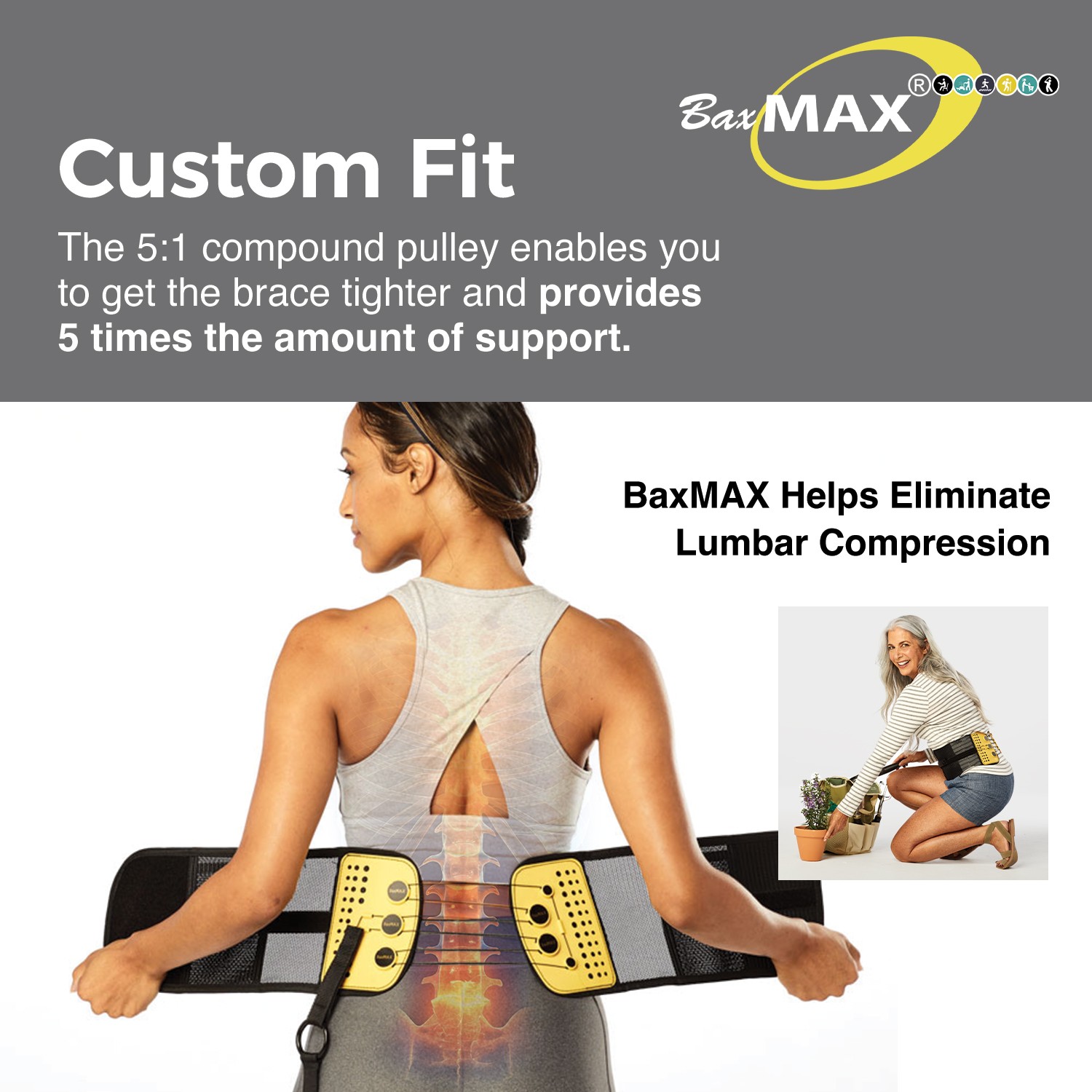 BaxMAX Adjustable Back Brace with 5-to-1 Compression Pulley System for Lumbar