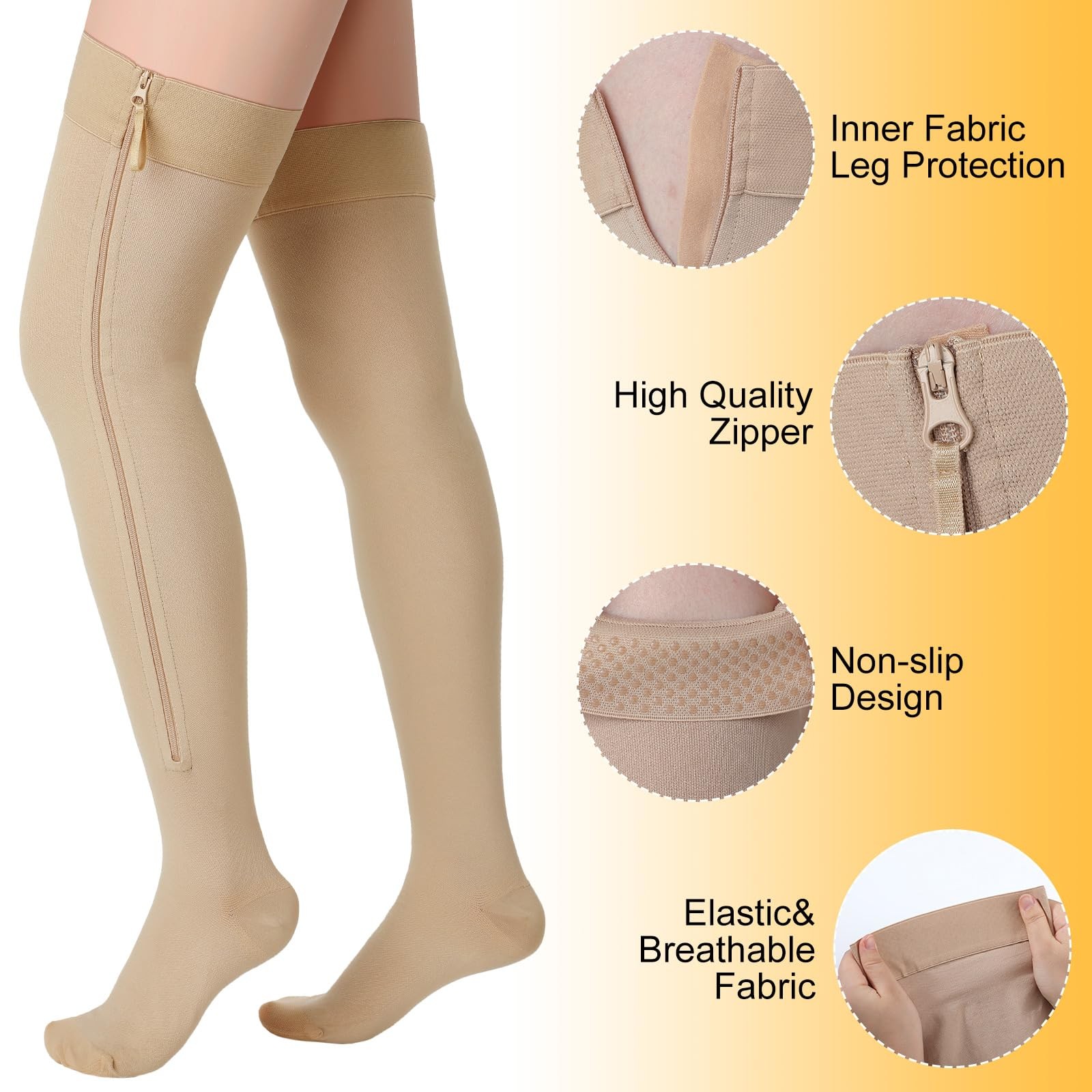 Sosation 2 Pairs Zipper Compression Socks Thigh High 20-30 Mmhg Closed Toe Th…