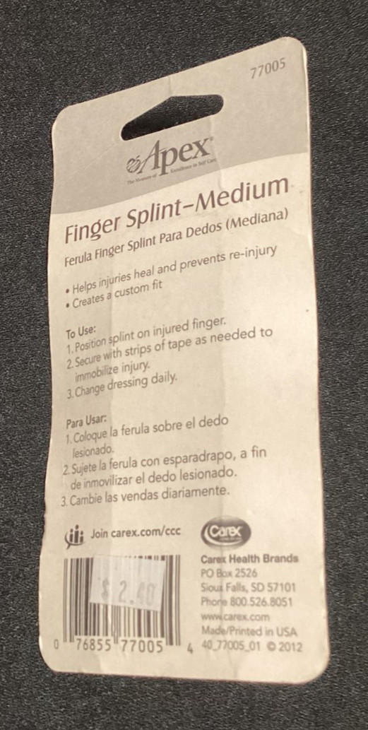 Apex Finger Splint Medium Metal Foam Brace Fracture Broken Support Custom Fit