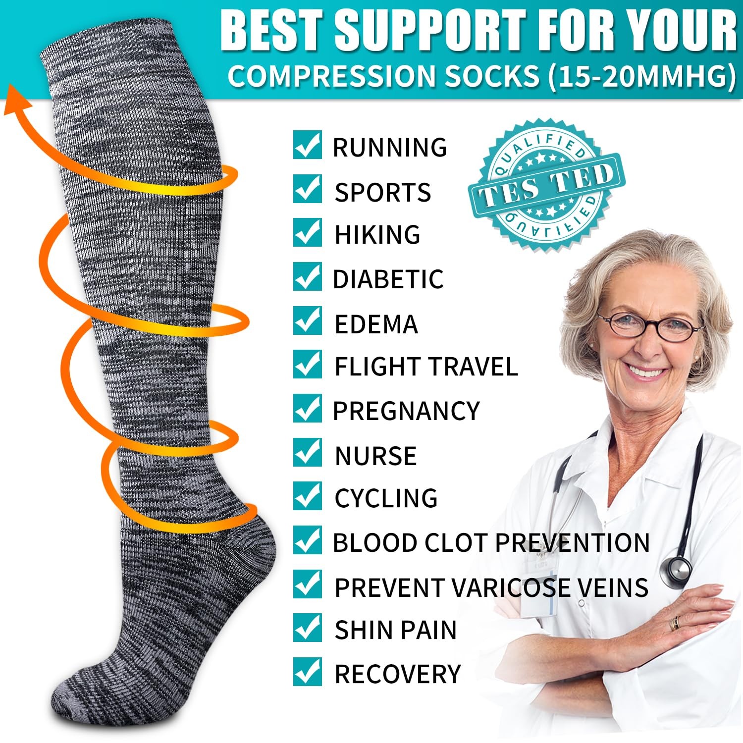 Copper Compression Socks for Women & Men (6 Large-X-Large, 08a Black/Gray