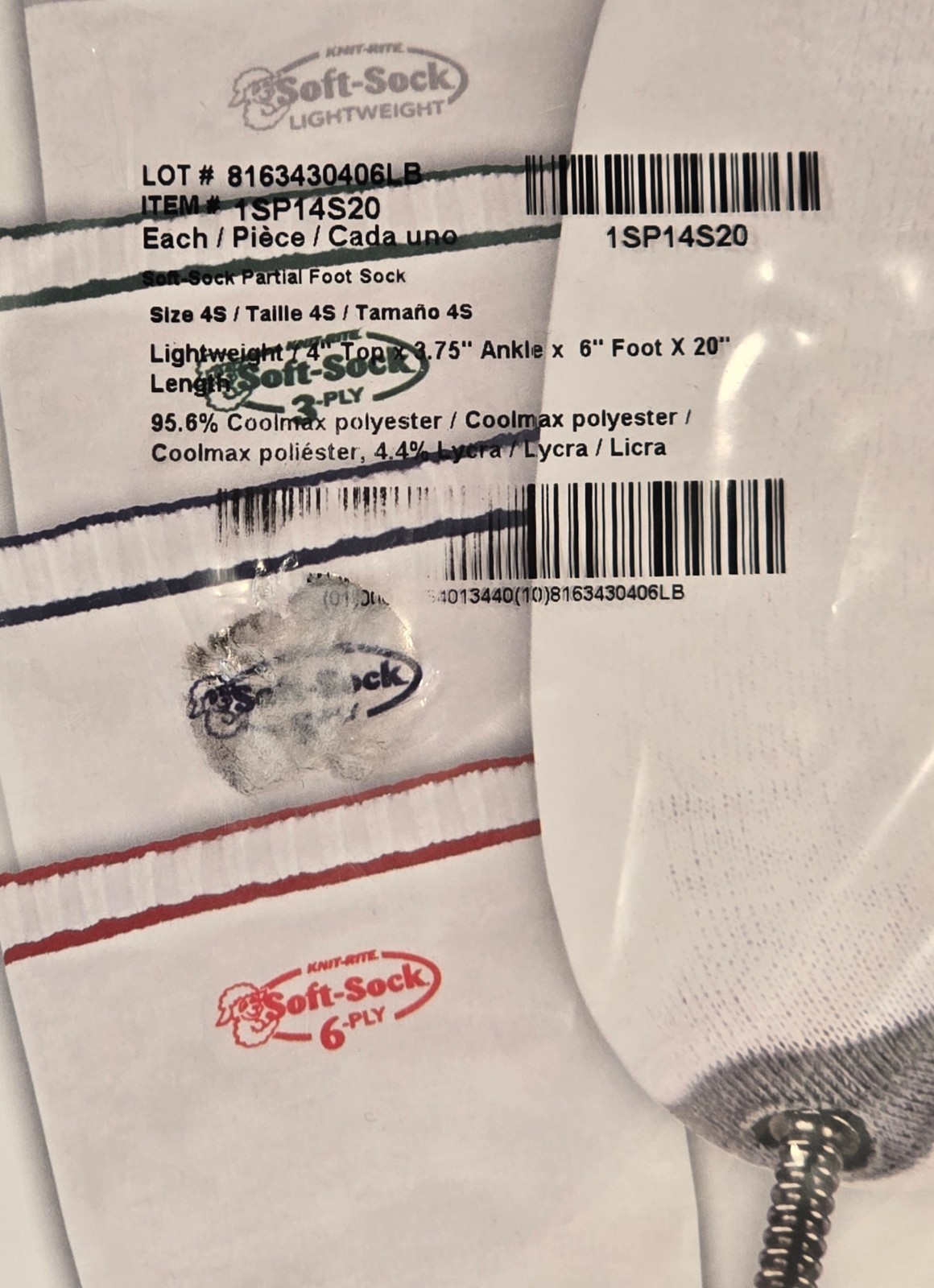 Knit-Rite 6 Ply Soft-Sock Prosthetic Sock-Now Even Better! Size 4S-New!