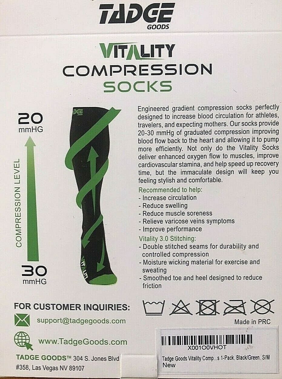 Tadge VITALITY COMPRESSION Socks Black Green S/M Men Women 1Pair NEW in Box