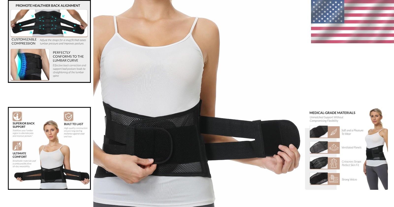 Unisex Adjustable Lumbar Brace – Black Back Support Belt for Pain Relief, Size L
