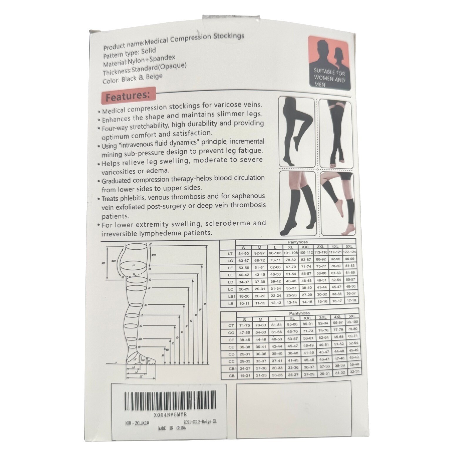 Medical Compression Pantyhose 20-30 mmHg Beige XL Closed Toe New ZCLIKE