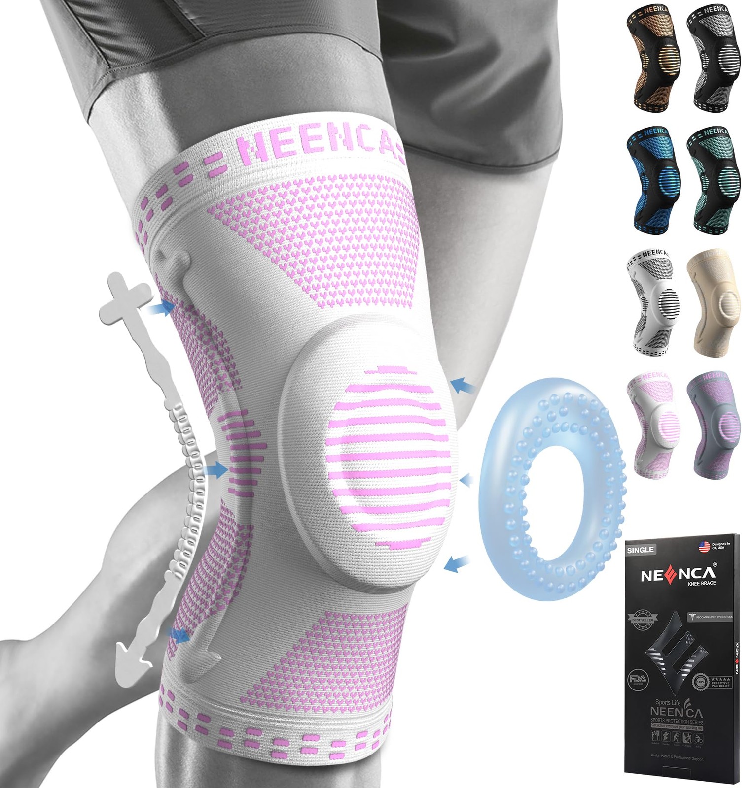 NEENCA Professional Knee Brace for Pain Relief, Medical Medium, Pink White