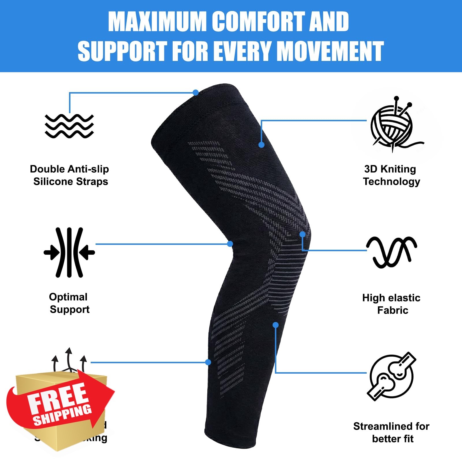 NuCamper Full Leg Compression Sleeves Black XL 2 Pack