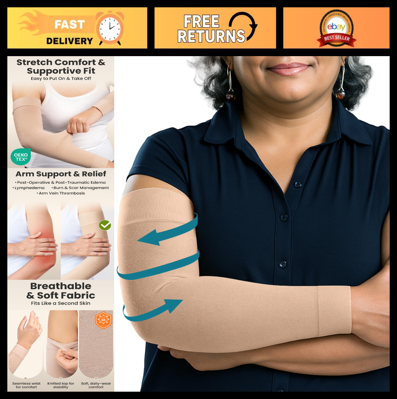 Compression Arm Sleeves for Women – 15-20 mmHg, Silicone Grip, 1 Pair, Beige, S/