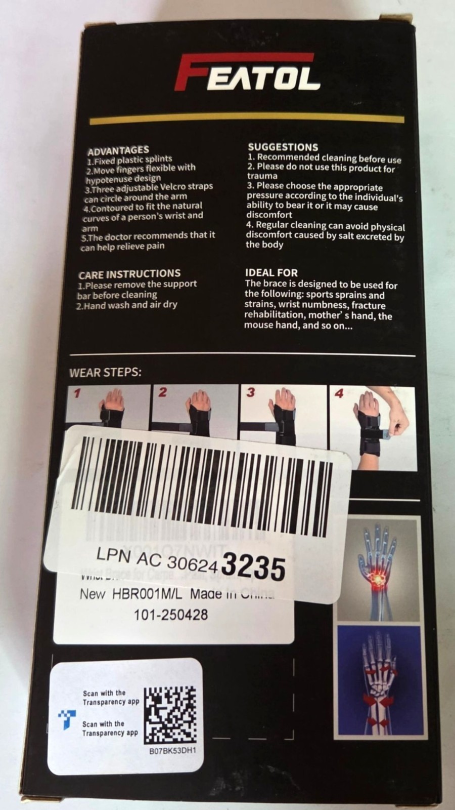 FEATOL Wrist Brace For Carpal Tunnel Adjustable Night Support M/L