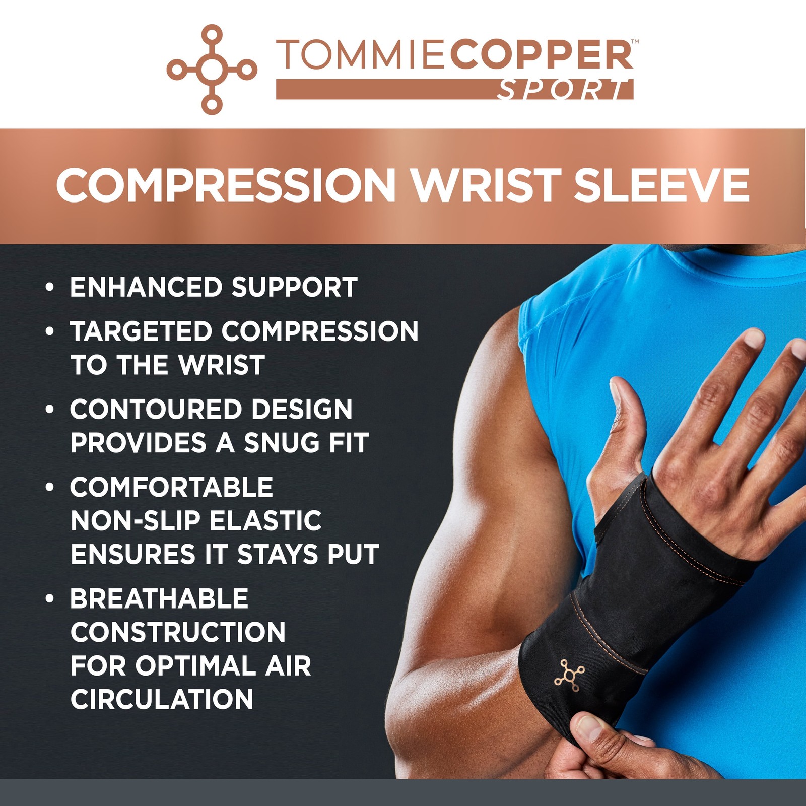 Sport Compression Wrist Sleeve Black S/M, Copper/Zinc Infused Recovery 1pc