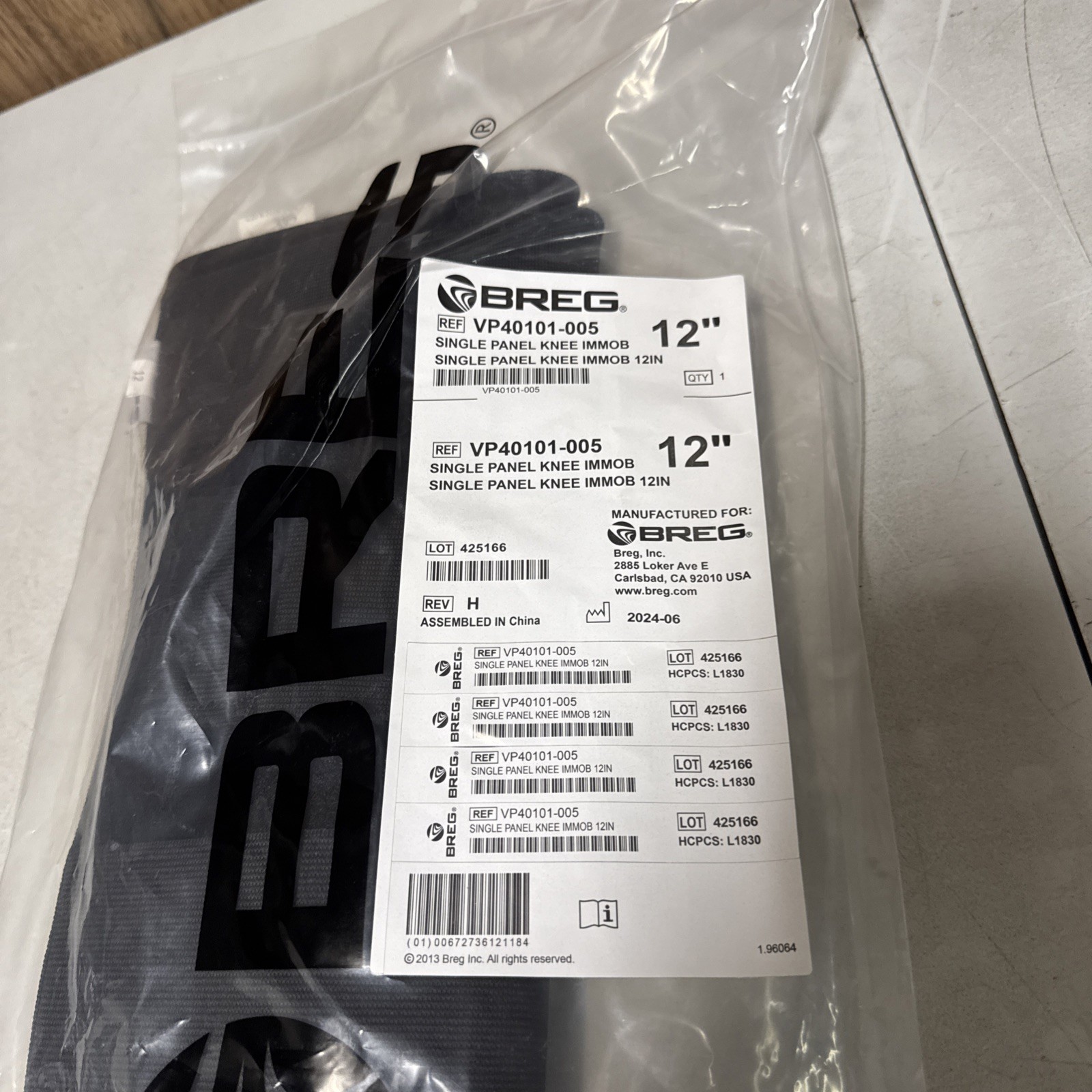 Breg VP40101-005 12” Single Panel Knee Support Black New Sealed