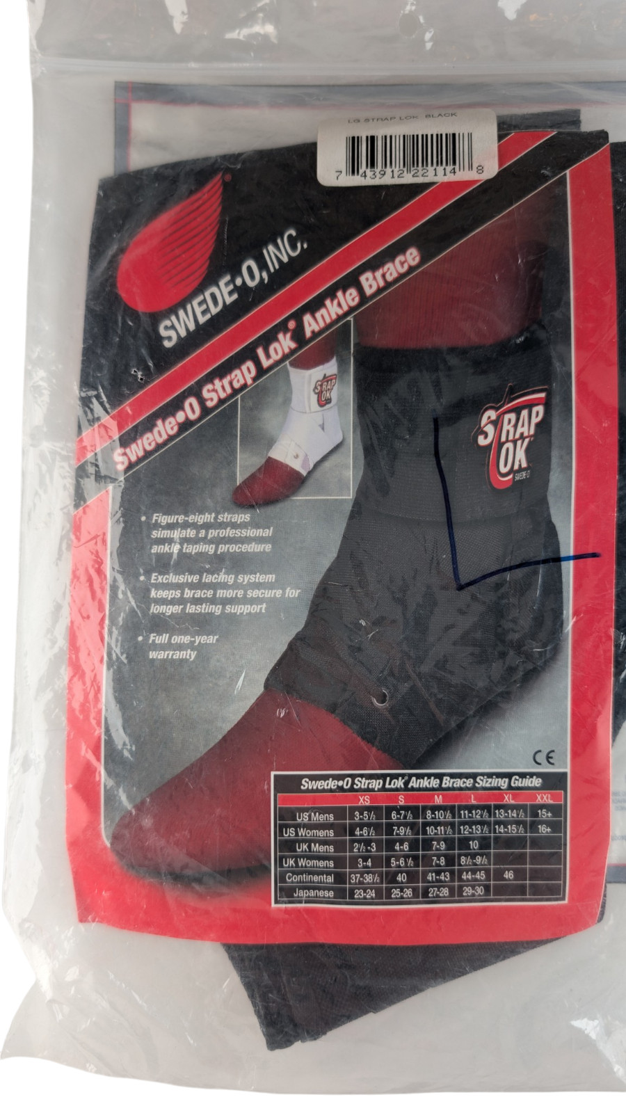 Swede-O Strap Lok Ankle Brace Large Black Lace Up Support
