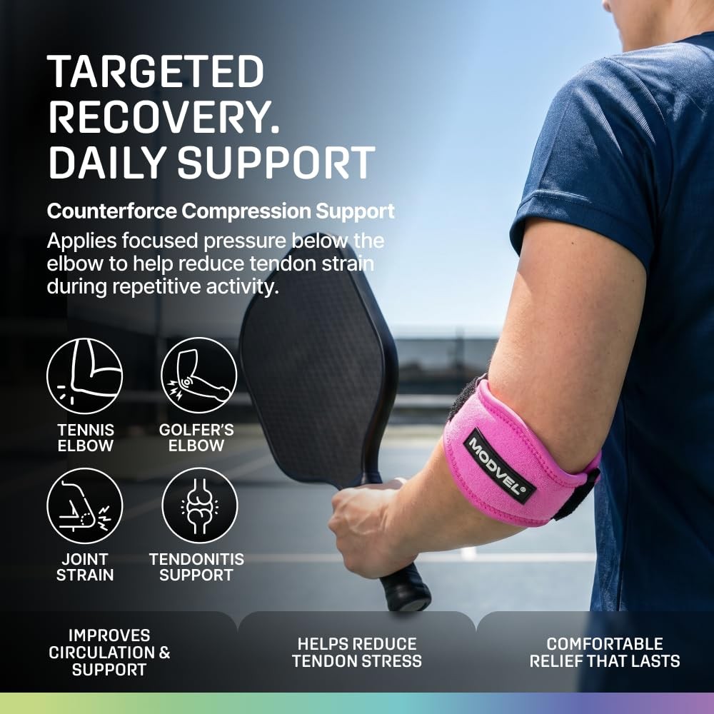 Modvel Adjustable Elbow Patellar Tendon Support Strap, Golf & One Size, Pink