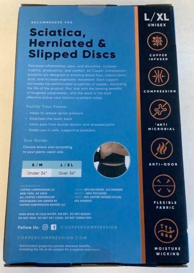 NEW Copper Compression CCRBB/BS4 Copper Infused LARGE/X-LARGE Black Back Brace