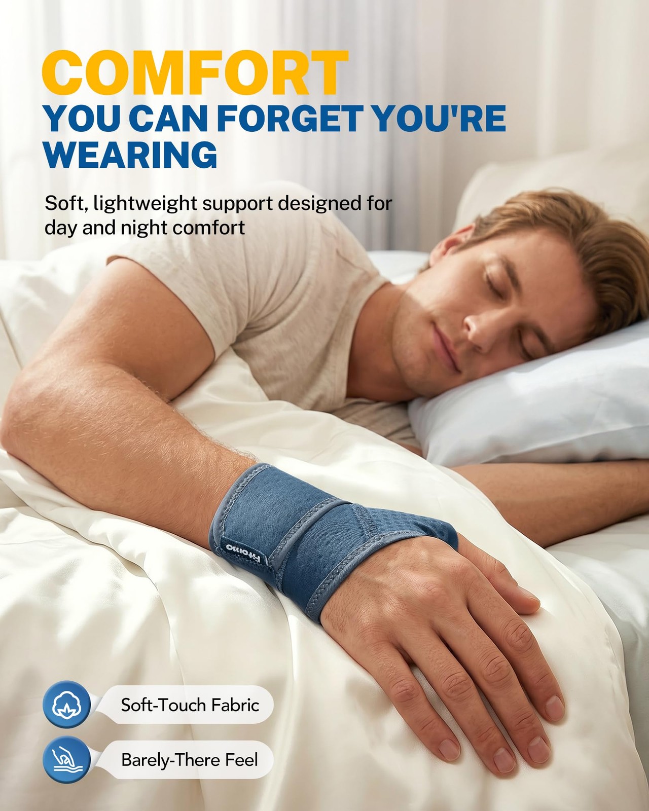 Fitomo Wrist Brace with Soft-Touch Fabric, Breathable Compression S/M, Blue