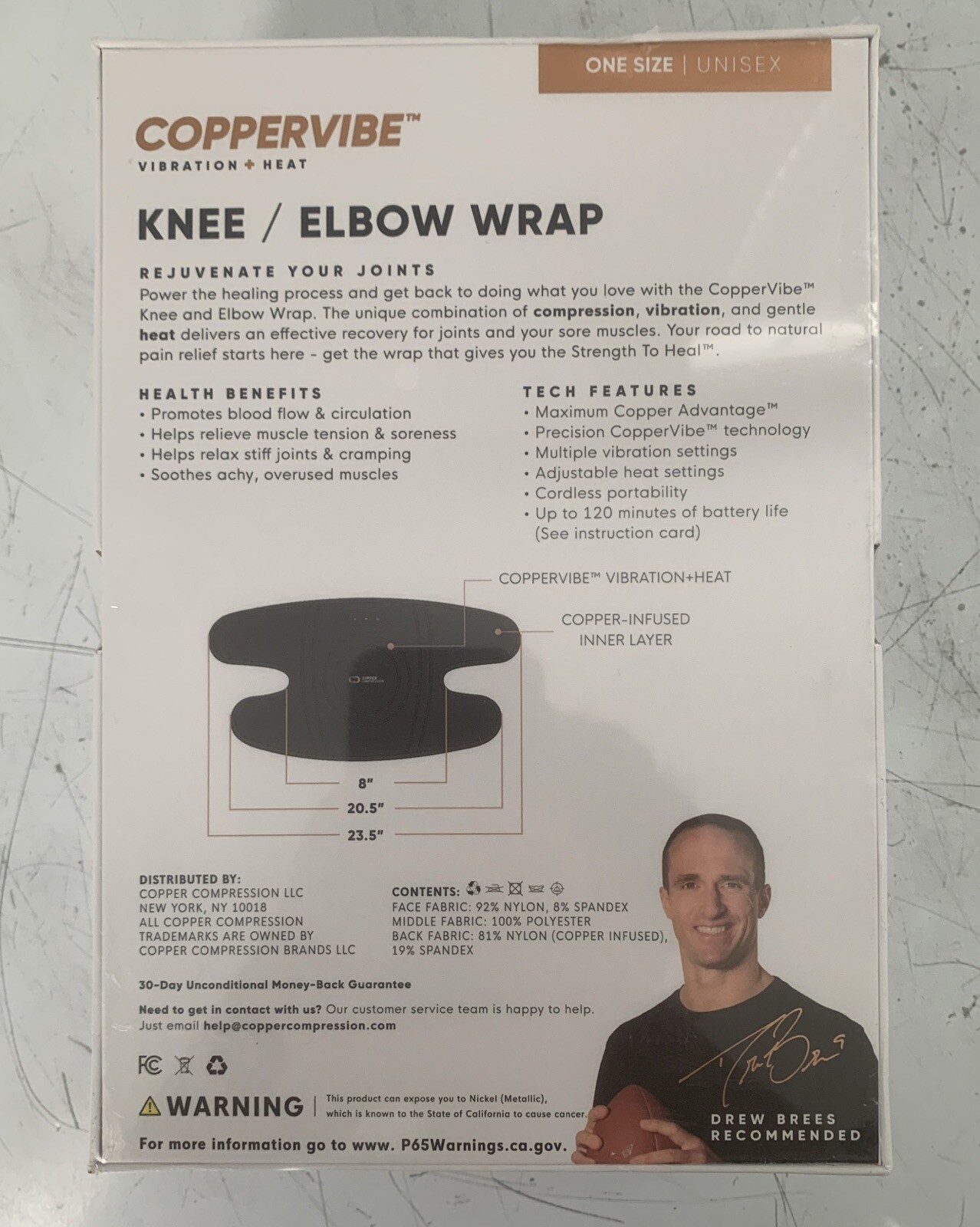CopperVibe Vibration + Heat Therapy Knee/Elbow Brace Support One Size New Sealed