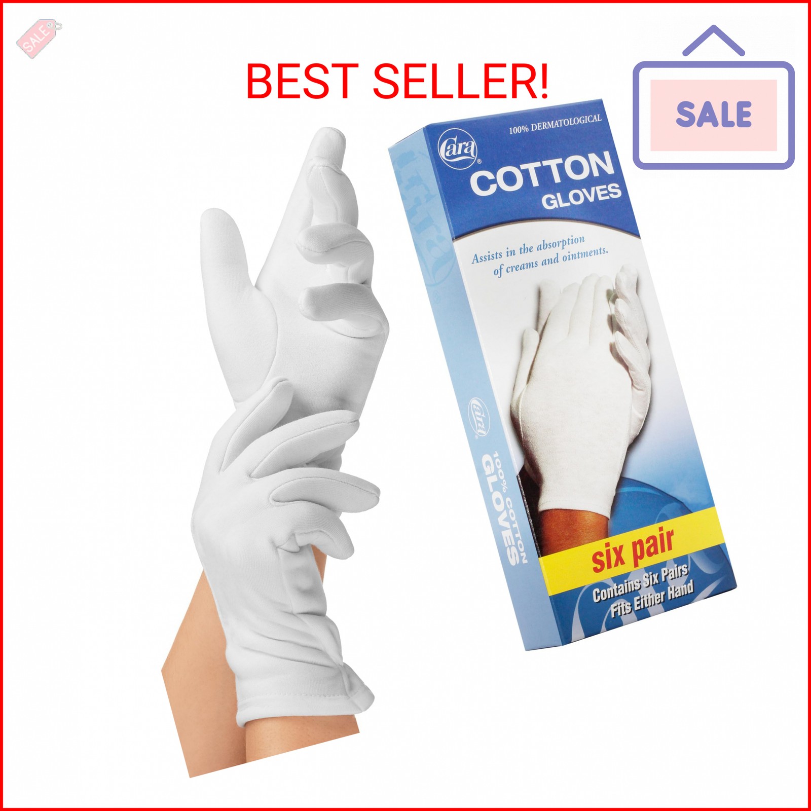 CARA Moisturizing Eczema Cotton Gloves, Large, 6 Pair