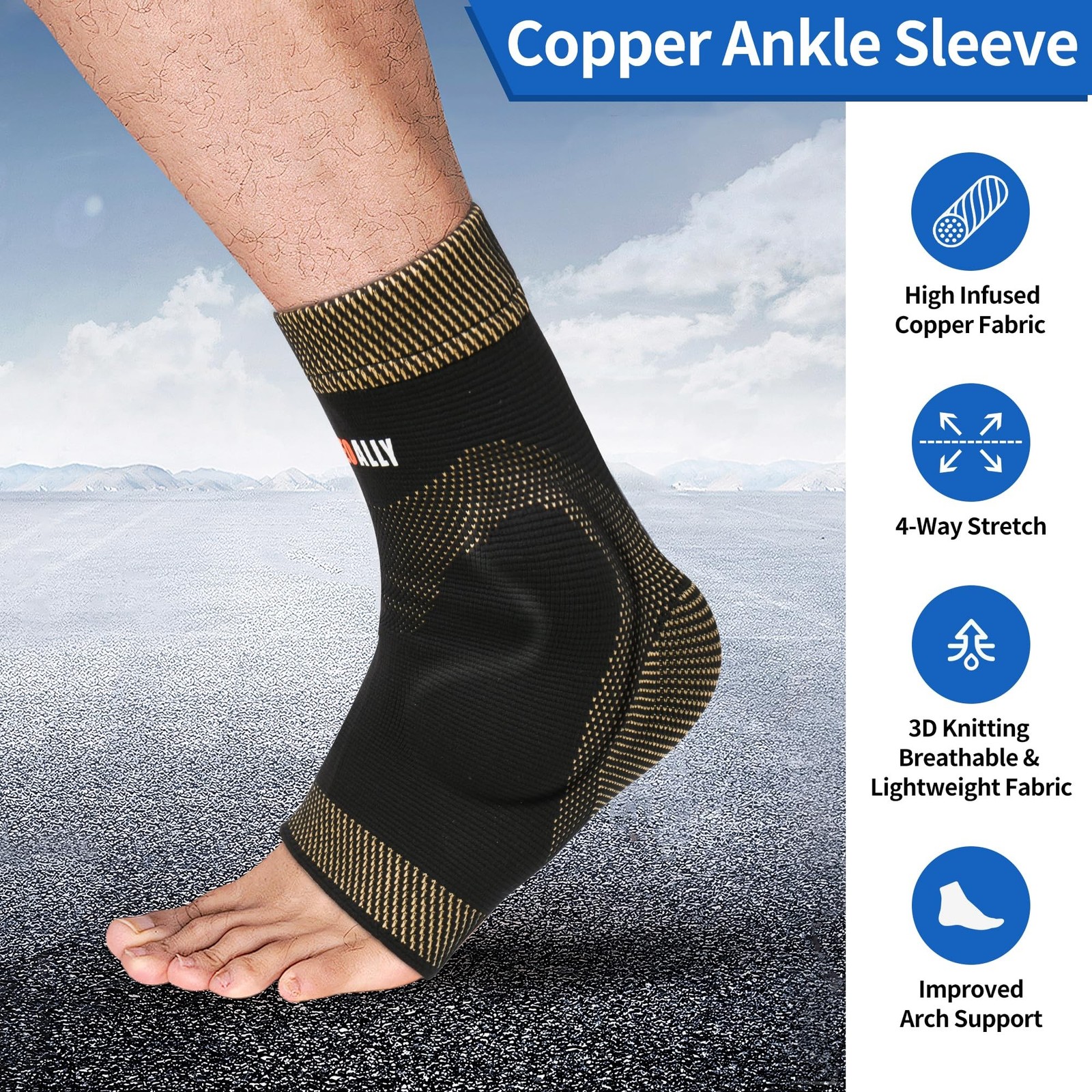NeoAlly Copper Ankle Support Brace Compression Sleeve with Silicone Gel Reduc…