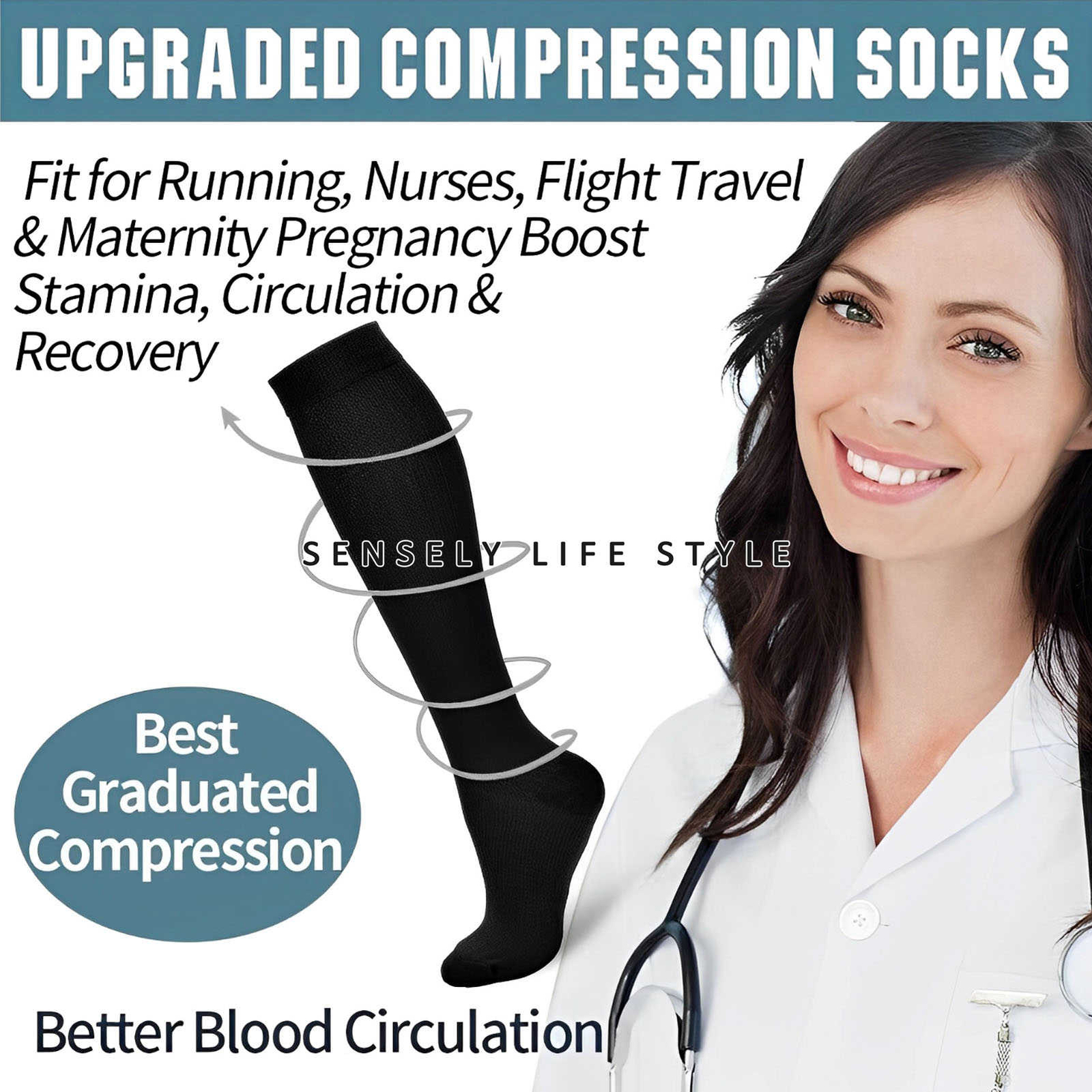 3x Opaque Knee High Compression Socks 15-20 mmHg Leg Socks Foot Size LG: 5-13 US