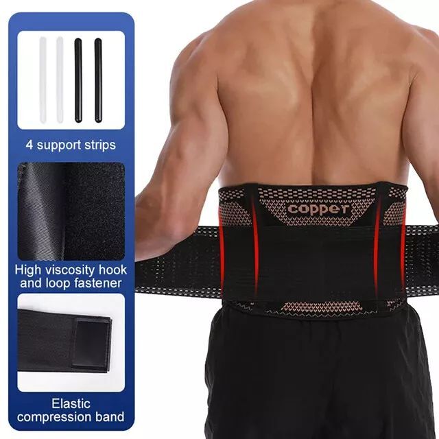Fitness Copper Lumbar Waist Support Brace Belt Lower Back Pain Relief Gym Indoor