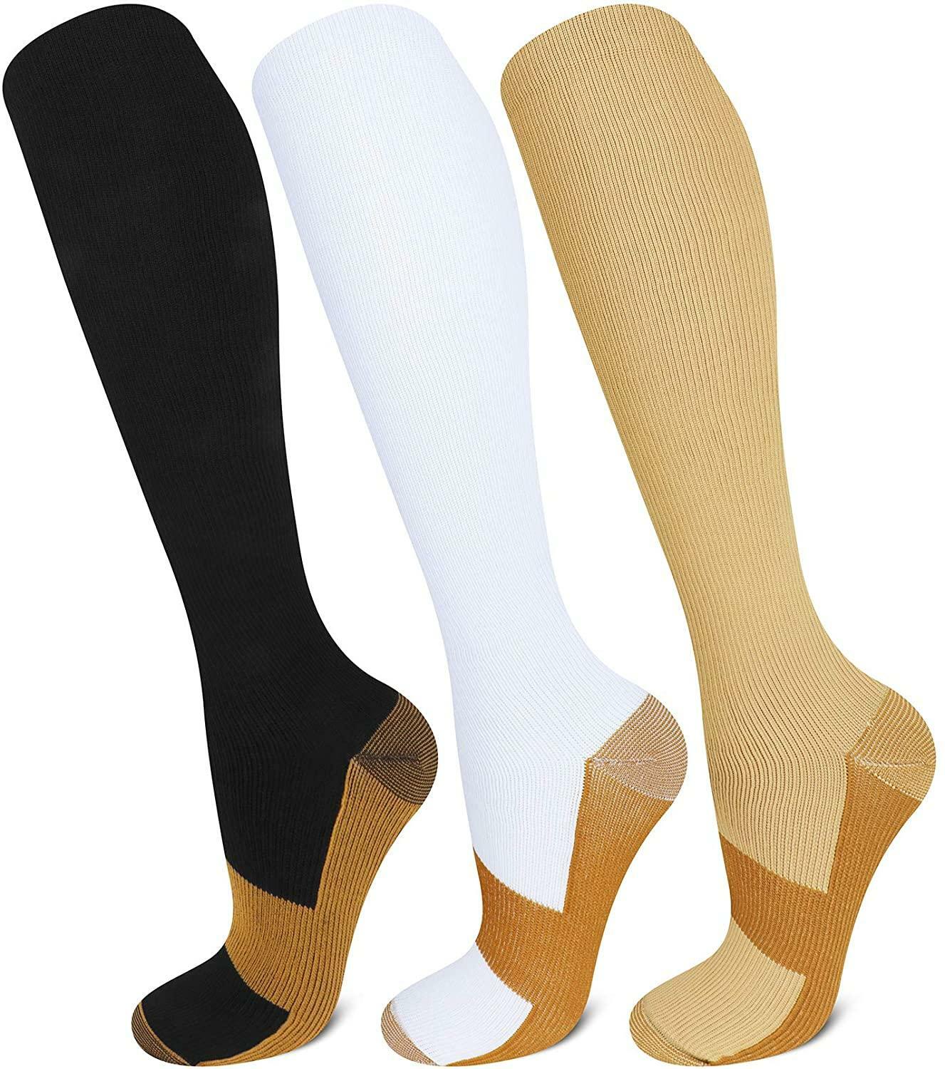3 Pairs Copper Compression Socks 20-30mmHg Moisture Wicking Support Stocking XXL