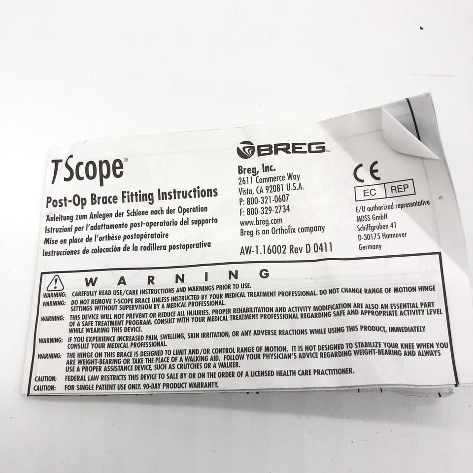 BREG Post Op T Scope MEDIUM Hinged Knee Brace Universal Standard Adj 07714 *NEW