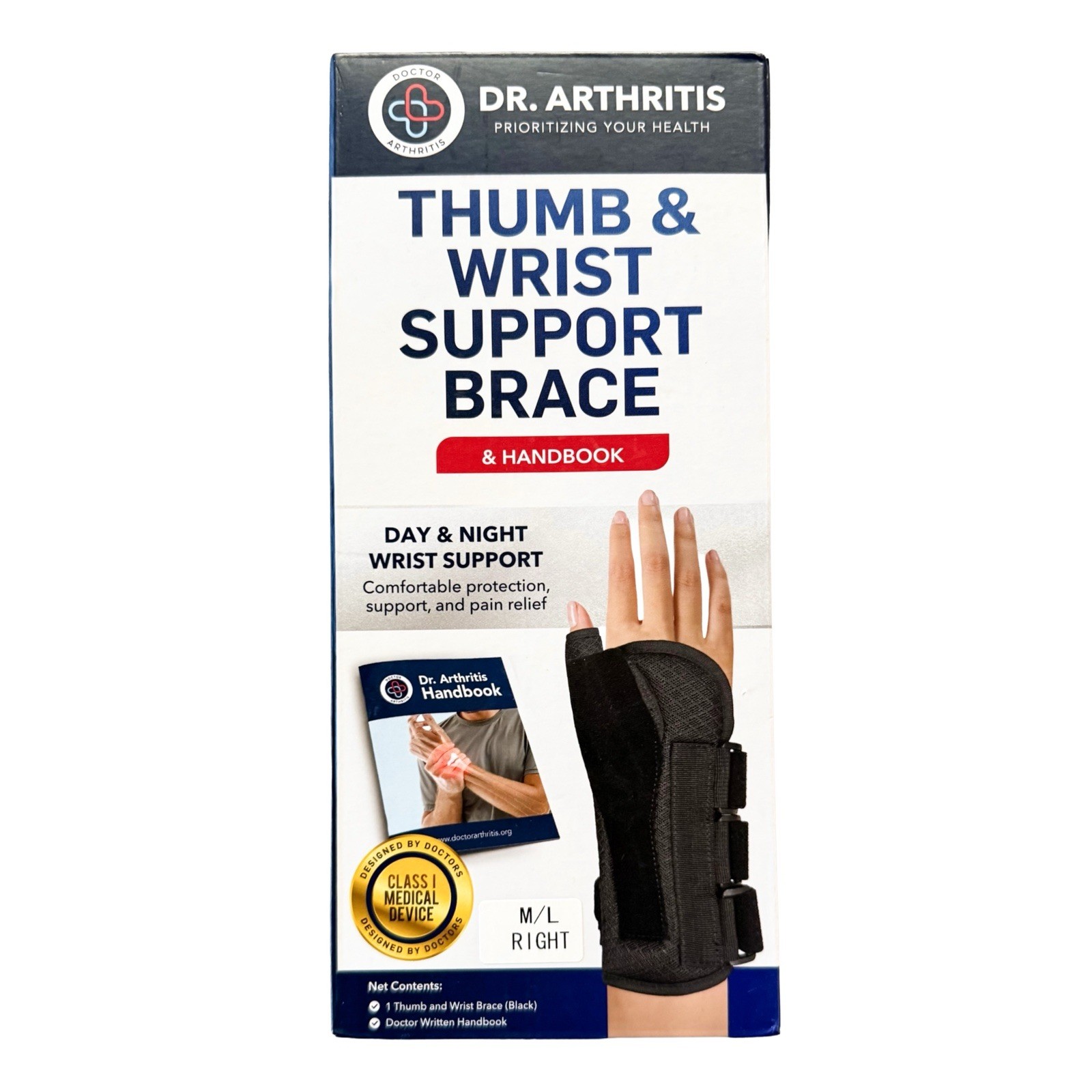 Dr. Arthritis Thumb & Wrist Support Brace & Handbook Size M/L Right Hand NEW