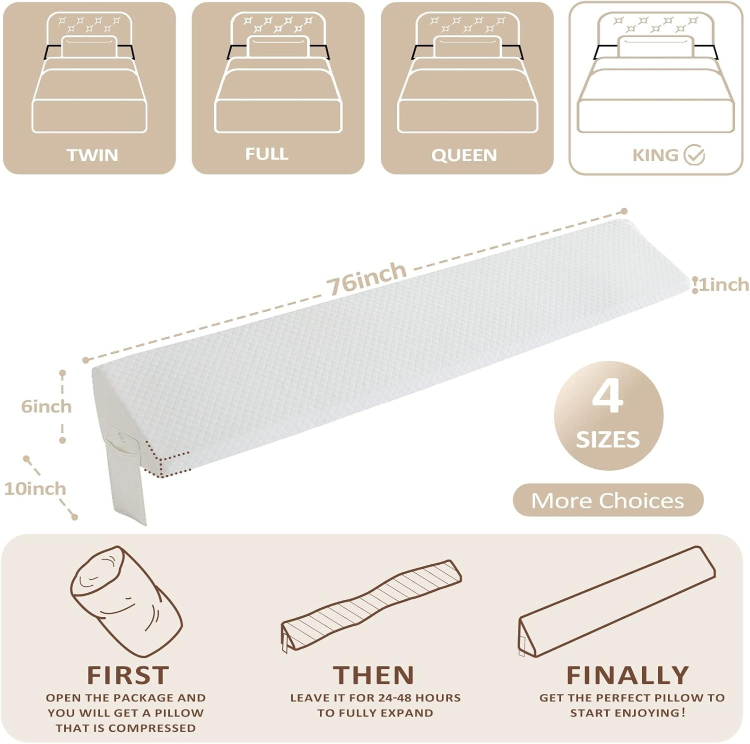 King Size（76″x10″x6″） Bed Wedge Pillow Headboard Bed Gap Filler(0-8″ Triangle