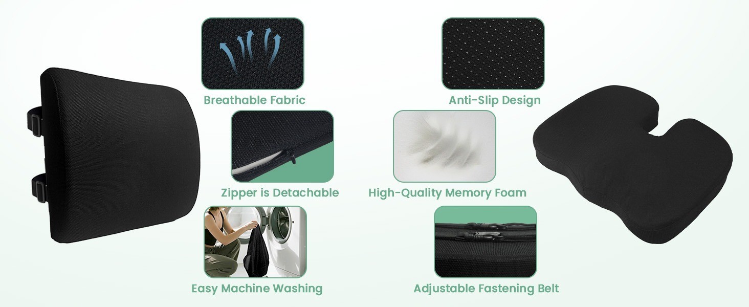 Ergonomic Memory Foam Seat Cushion & Lumbar Support for Sciatica & Back Pain