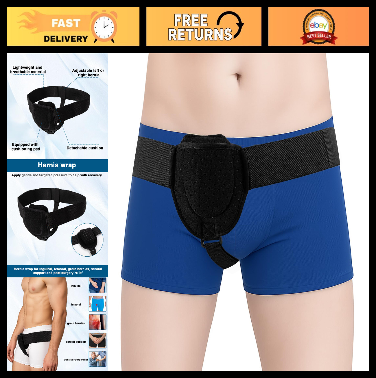 Adjustable Inguinal Hernia Belt for Men, Left/Right Side Support, Comfortable Tr