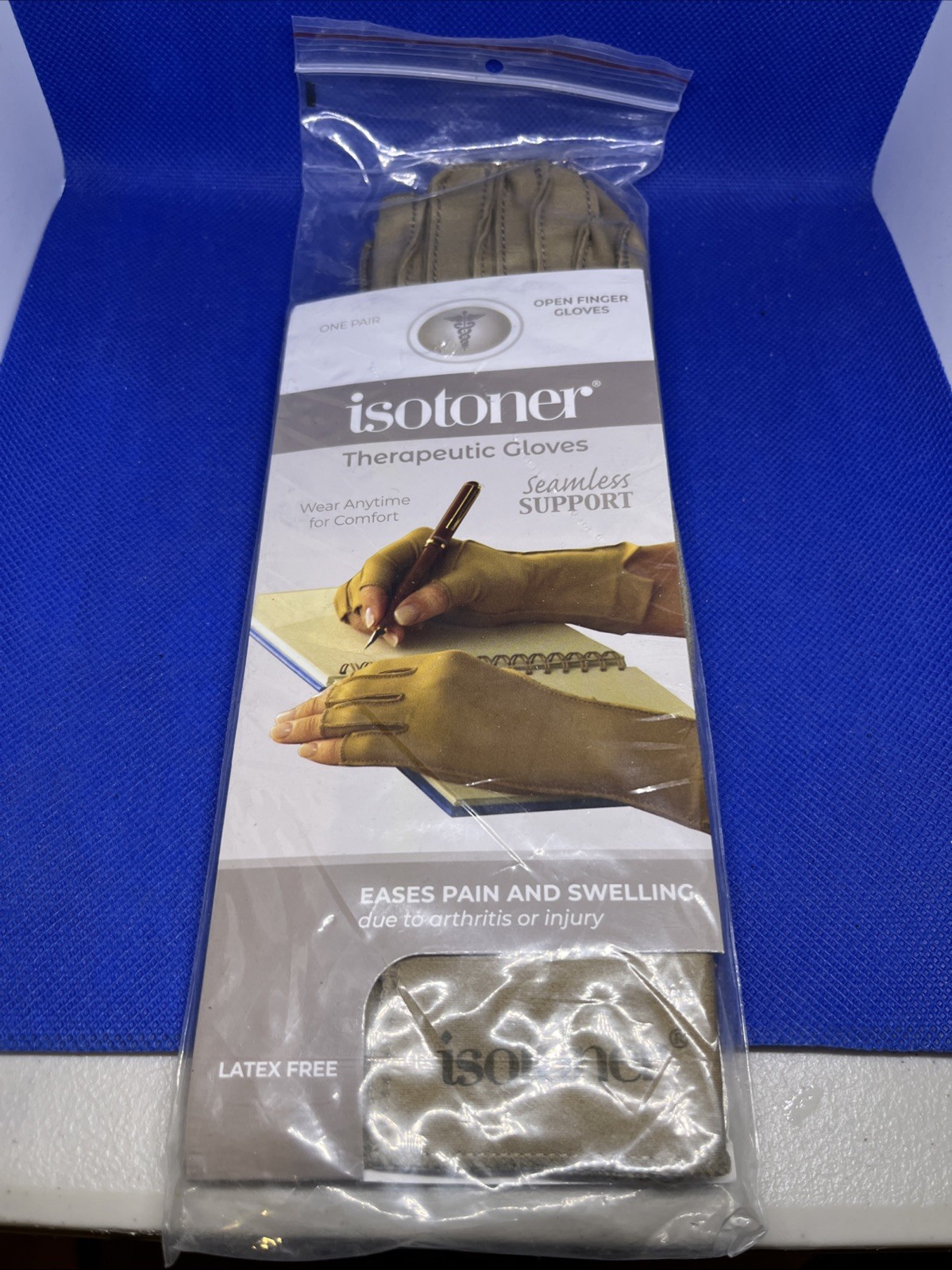 Isotoner Therapeutic Gloves Open Finger Camel Size Large Compression Pain Relief