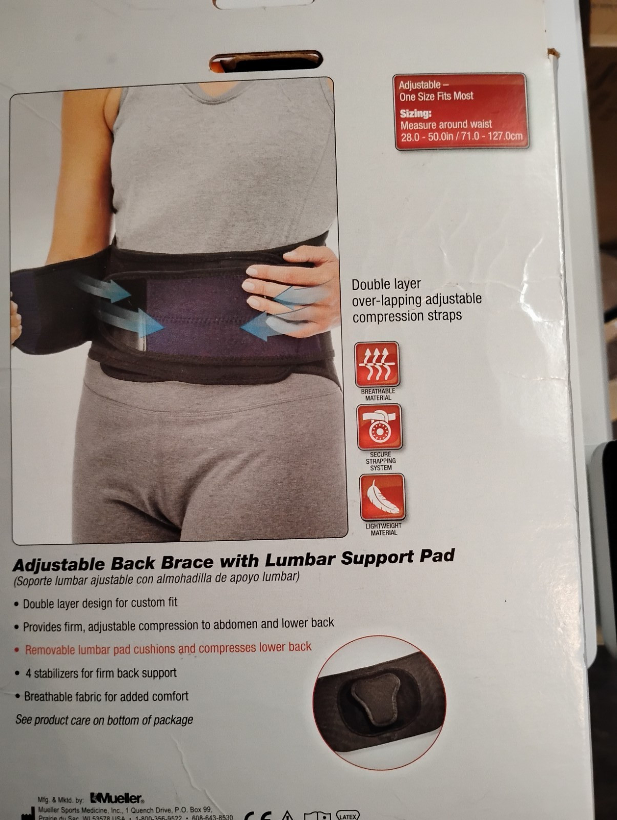 MUELLER Adjustable Lumbar Back Brace #6721 FITS 28″-50″ Waist
