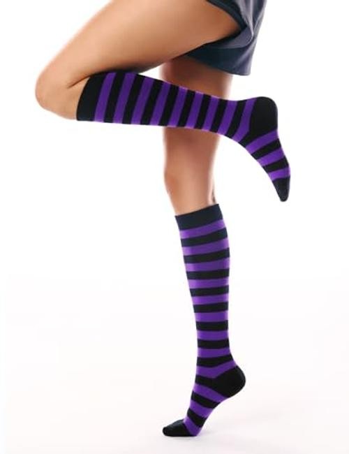 Women’s Knee High Socks Outdoor Sport One Size 1 Pack Black Purple Stripes