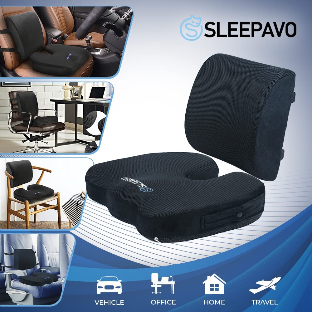 Sleepavo Memory Foam Seat Cushion for Office ChairOrthopedic Back and Butt Pi…