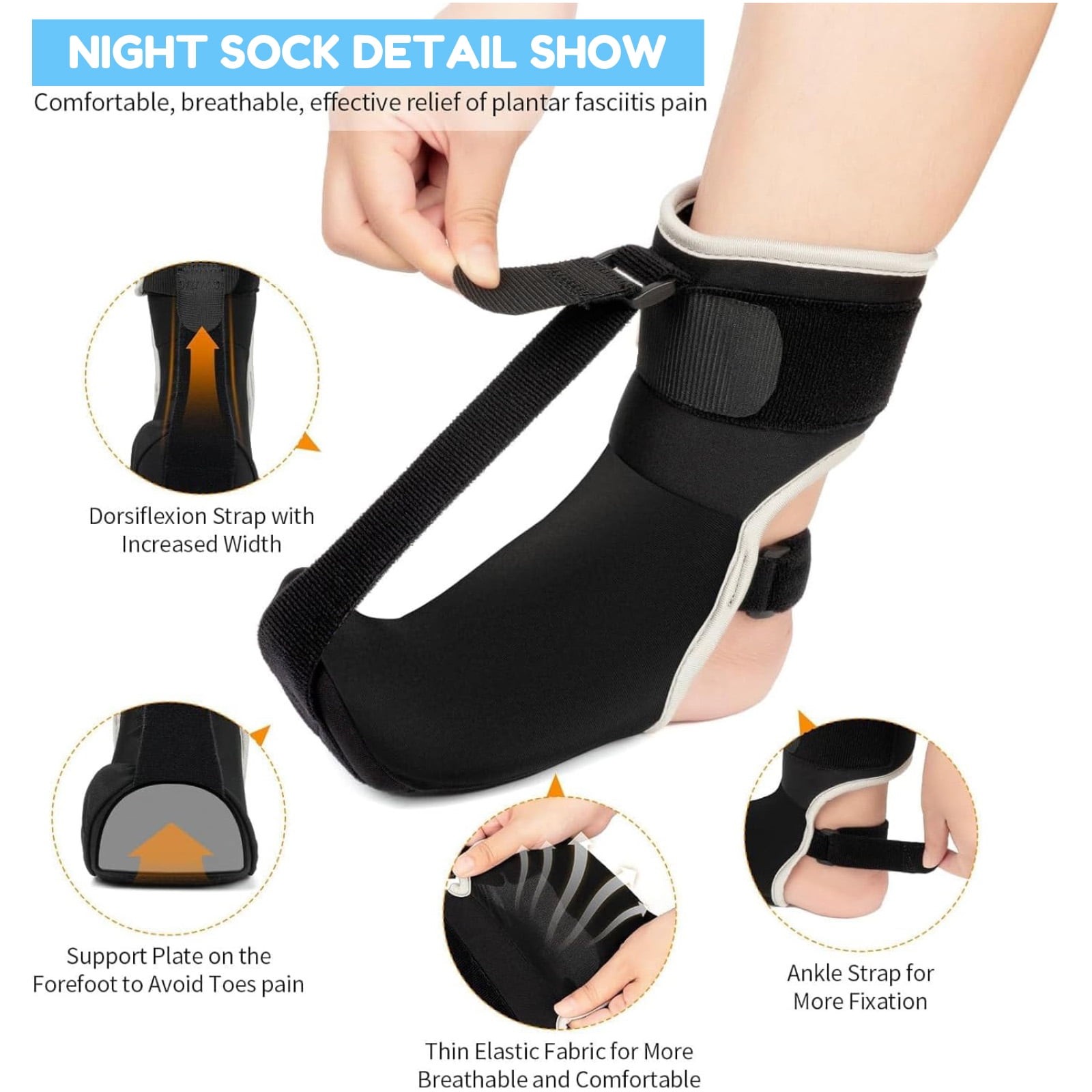 BLACK – PLANTAR FASCIITIS NIGHT SPLINT SOCK UPGRADED BRACE MEDIUM