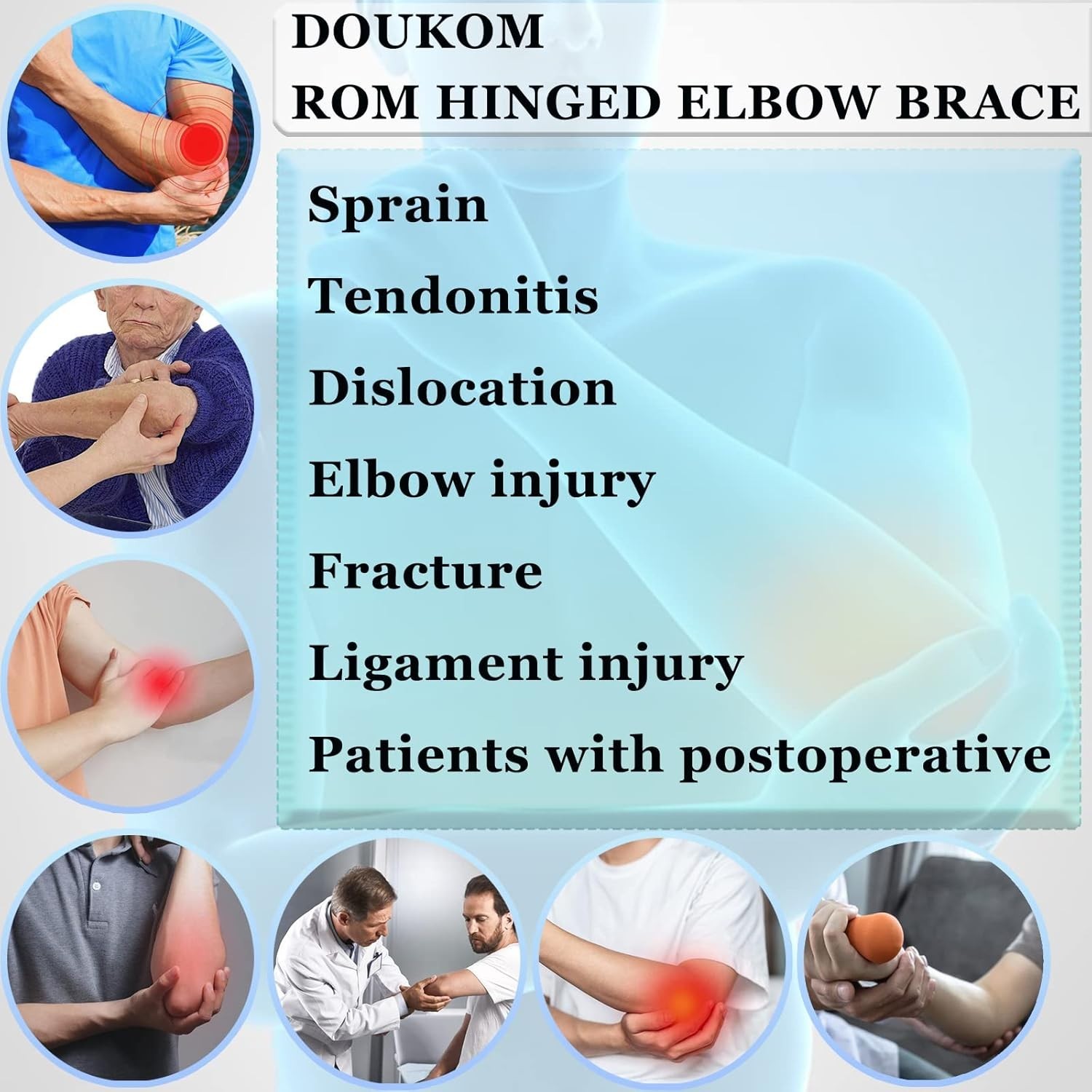 DOUKOM Hinged Post Op Elbow Brace, Adjustable Range of Motion Support -LEFT SIDE