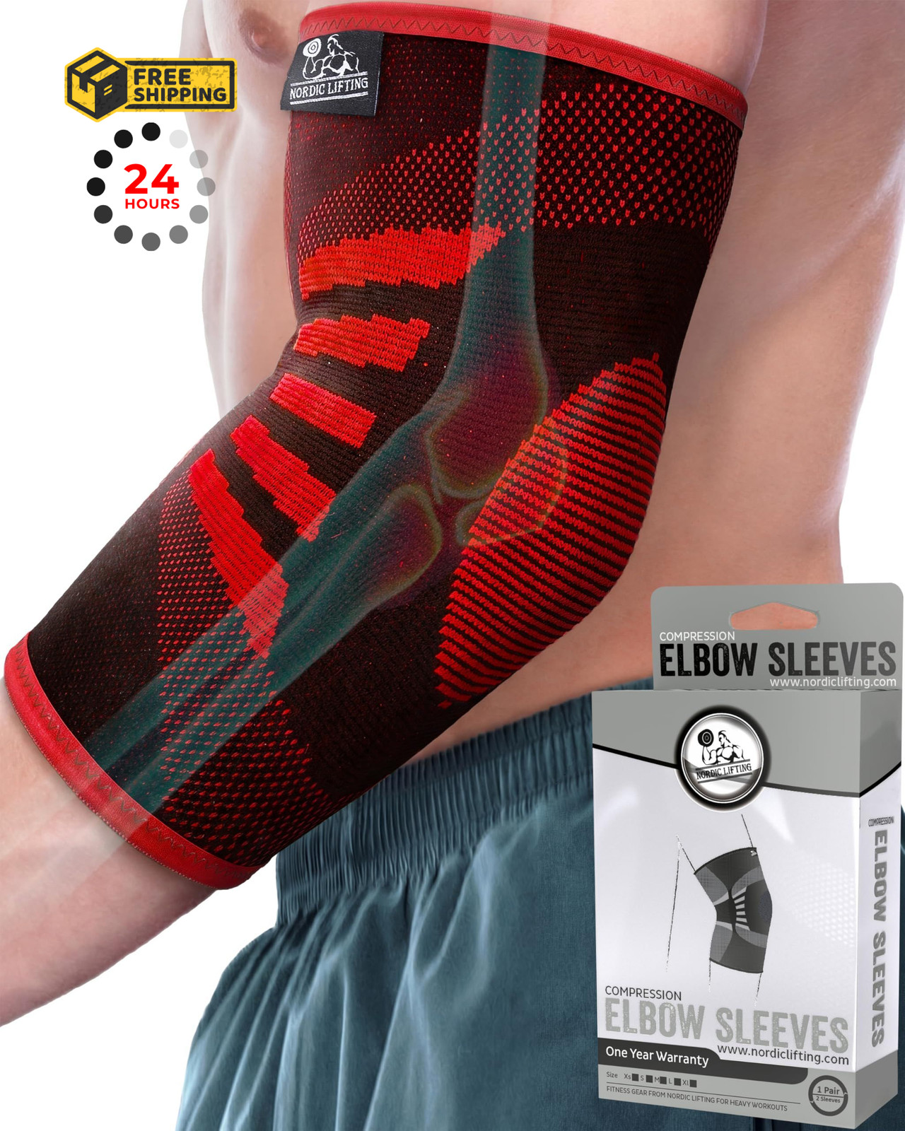 Nordic Lifting Elbow Compression Sleeves (1 Pair) – Small, Inferno Red