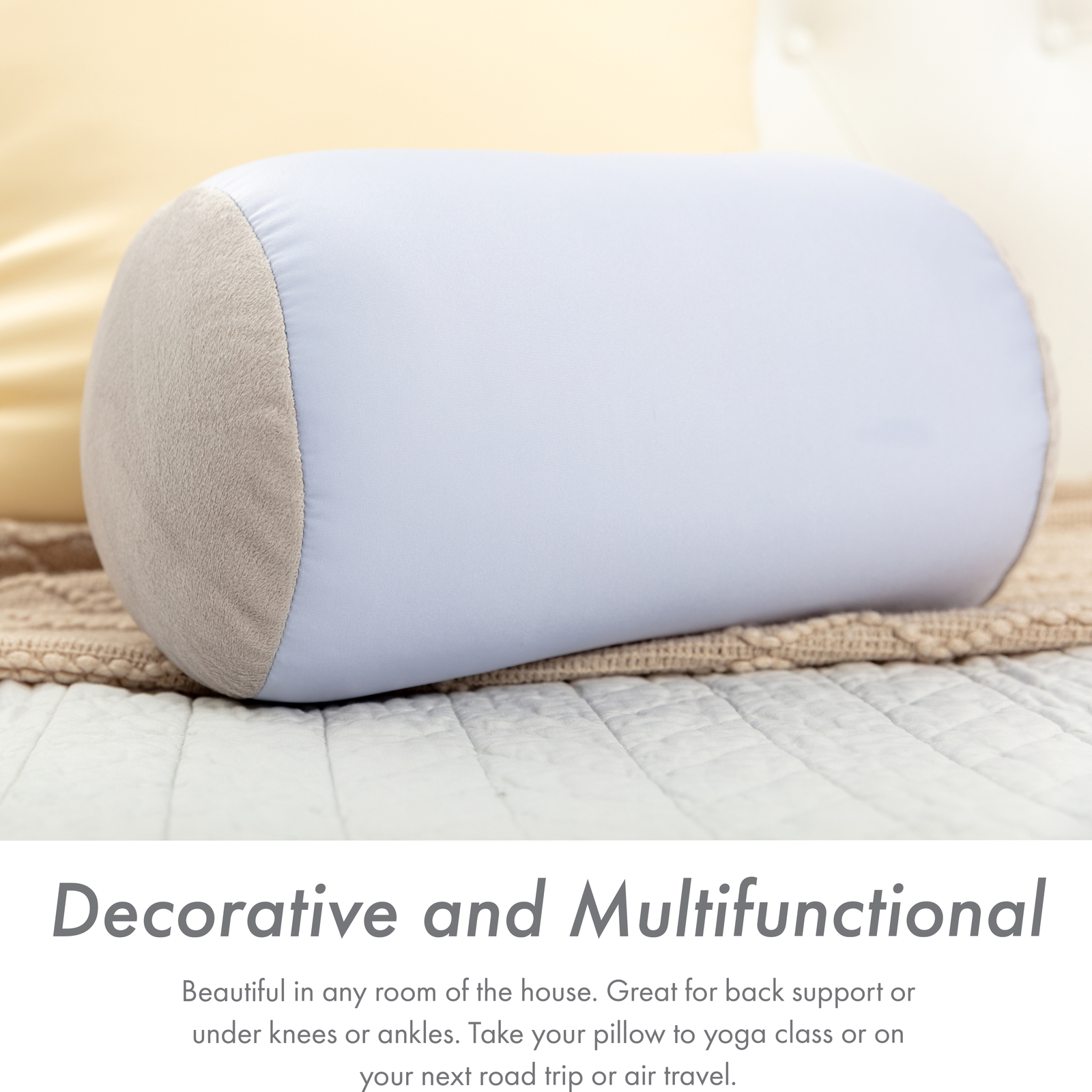 Microbead Bolster Neck Roll Pillow – Silky Feel, 14″ x 8″, Silver Mist