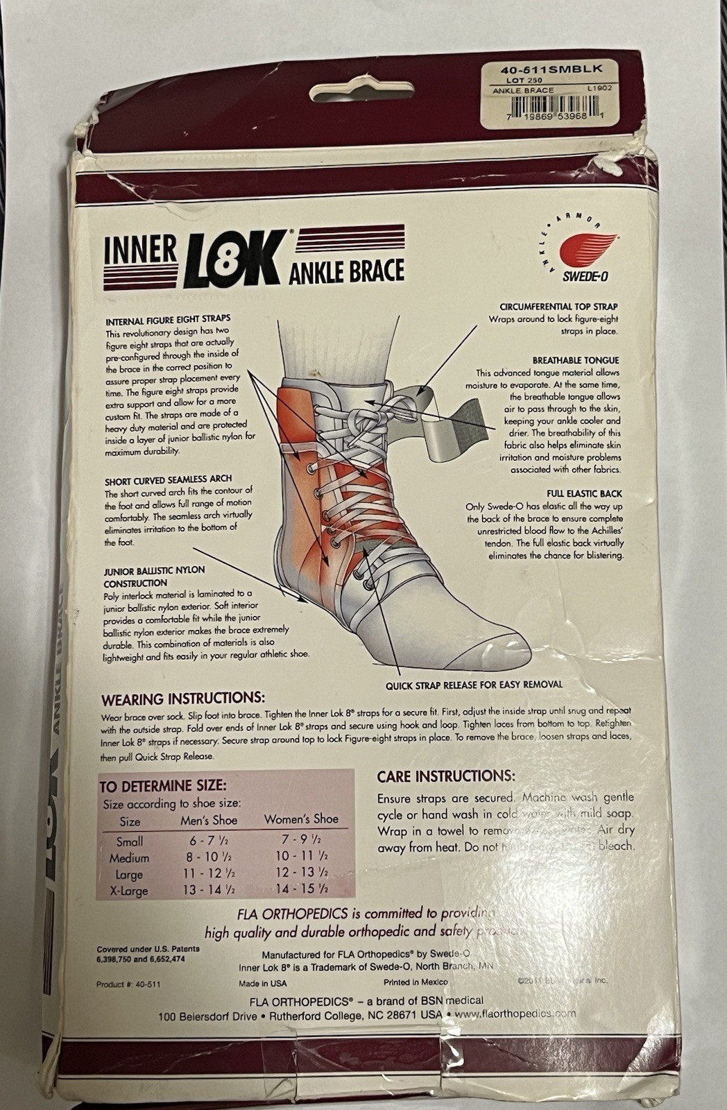 FLA Orthopedics Swede-O Inner Lok 8 Ankle Brace Size Large Black New In Box