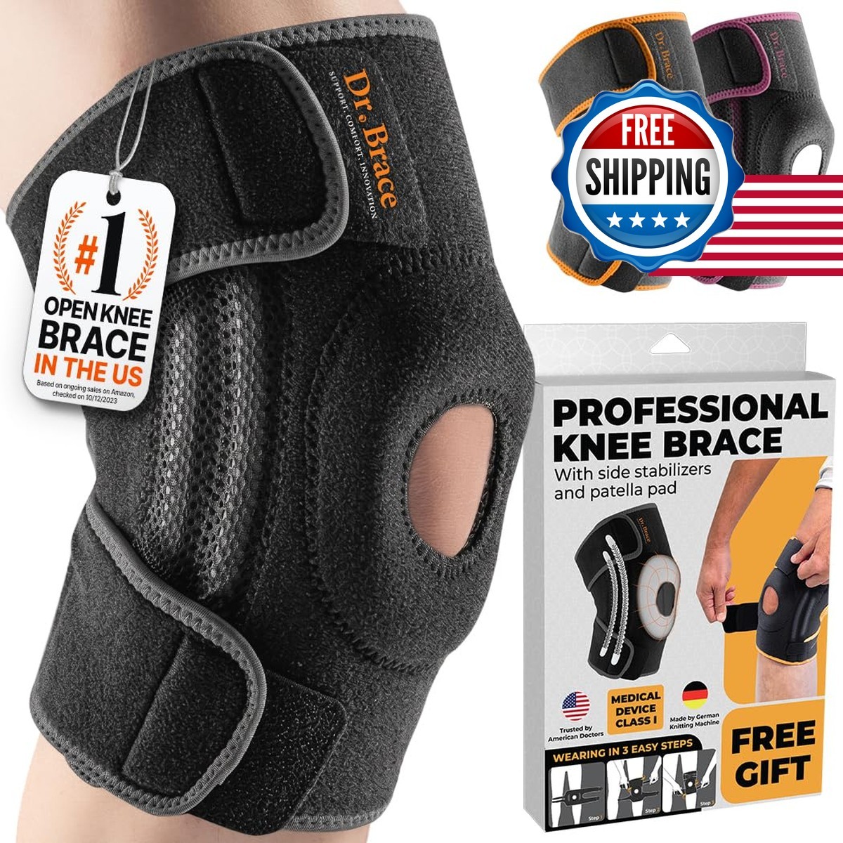 DR. BRACE ELITE Knee Brace Side Stabilizers Patella Gel Pads XX-Large Mercury