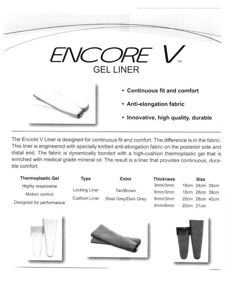 Encore V Locking Gel Cushion Liner 34cm 3mm/3mm Brand New Never Opened